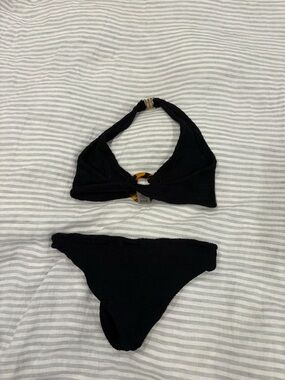 Hunza G Black Ribbed Halter Bikini with Tortoiseshell Ring